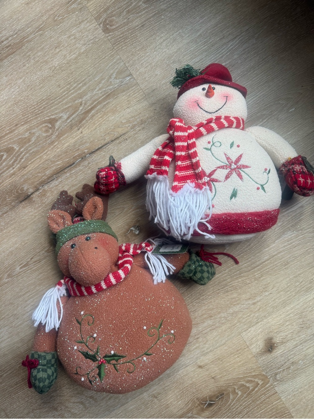 Festive Cream & Rust Snowman and Reindeer Holiday Plush Duo
